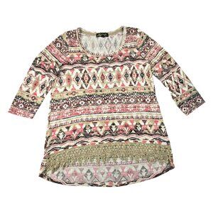 Boho Chic Aztec Print Tunic Top Crochet Hem 3/4 Sleeve Size Medium  JH1825